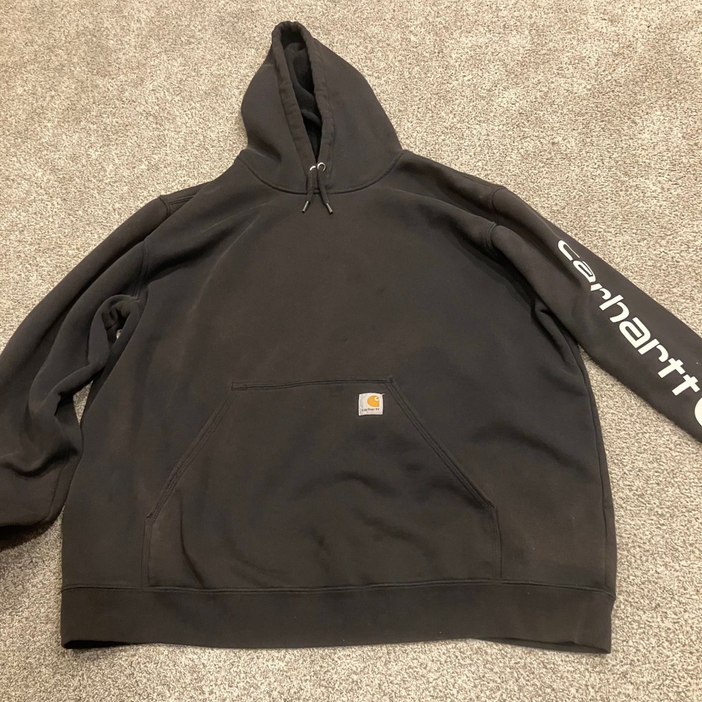 Carhartt Mens 2XL Black Original Fit Sleeve Logo Hoodie Spell Out Grunge Skater